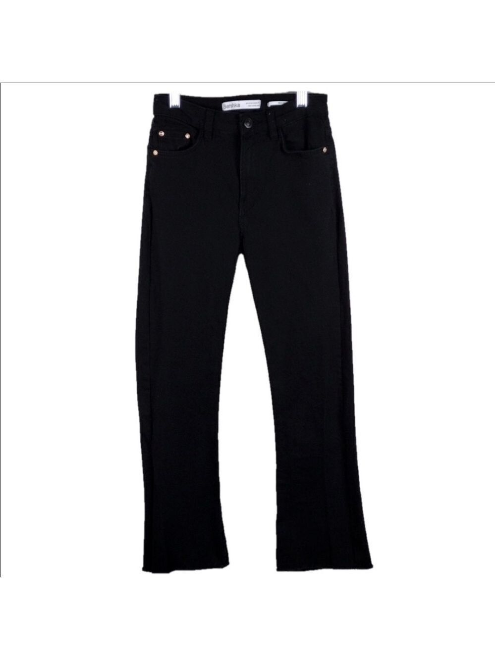 Bershka Black Colored Denim Five Pocket High Rise Zip Up Flare Raw Hem Leg Jean